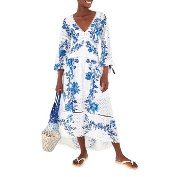FARM Rio Dresses & Skirts - Farm Rio Arara White & Blue Floral Eyelet Maxi Dress Size:XL